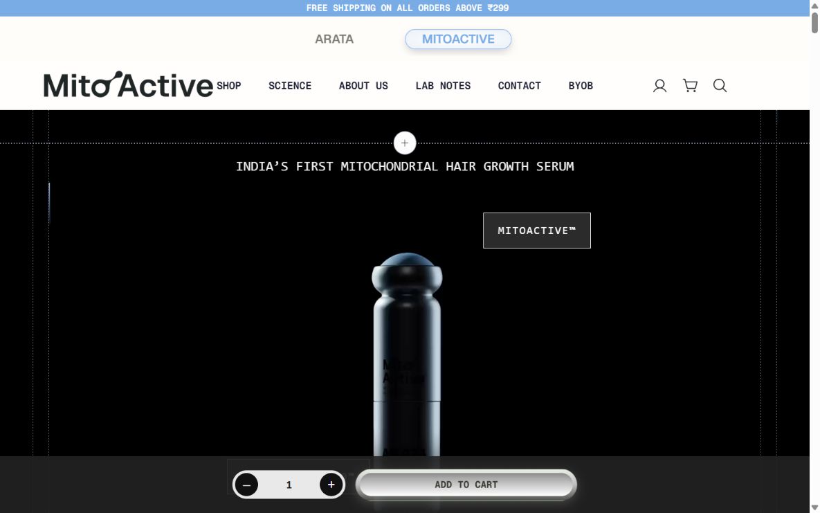 MitoActive Mitochondrial interactive Shopify landing page developed for Arata 3.0