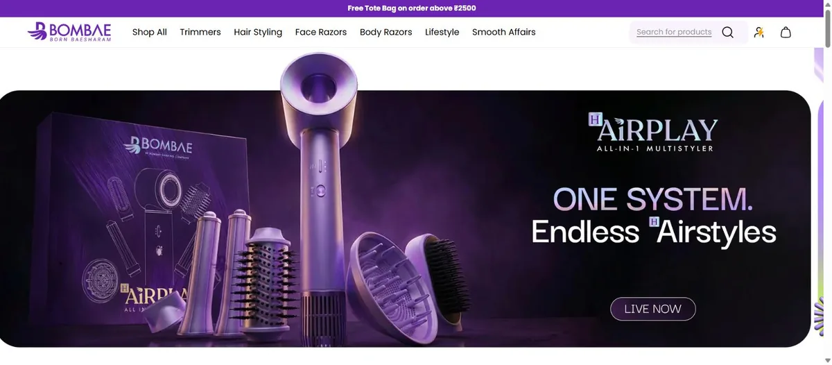 Bombae women's grooming and hair styling appliances eCommerce website