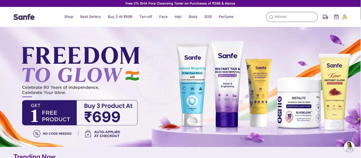Sanfe women's body care and personal care eCommerce website