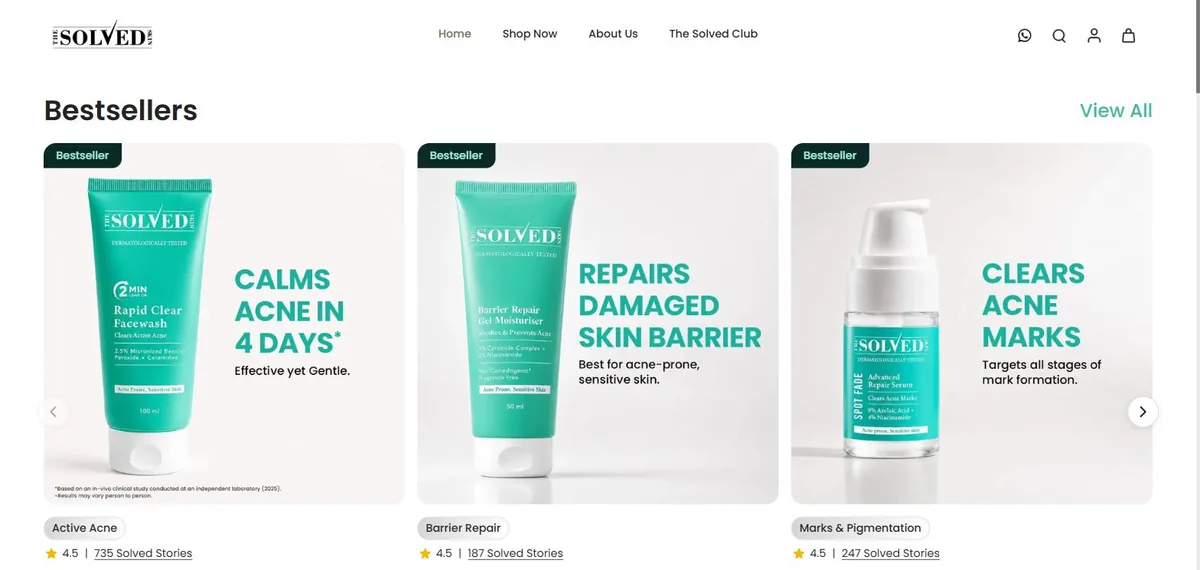 The Solved Skin acne care and skincare eCommerce website